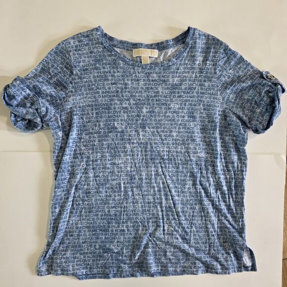 Michael Kors Love Peace Mk Logo Casual T Shirt Top Pullover Blue Large - Picture 1 of 7